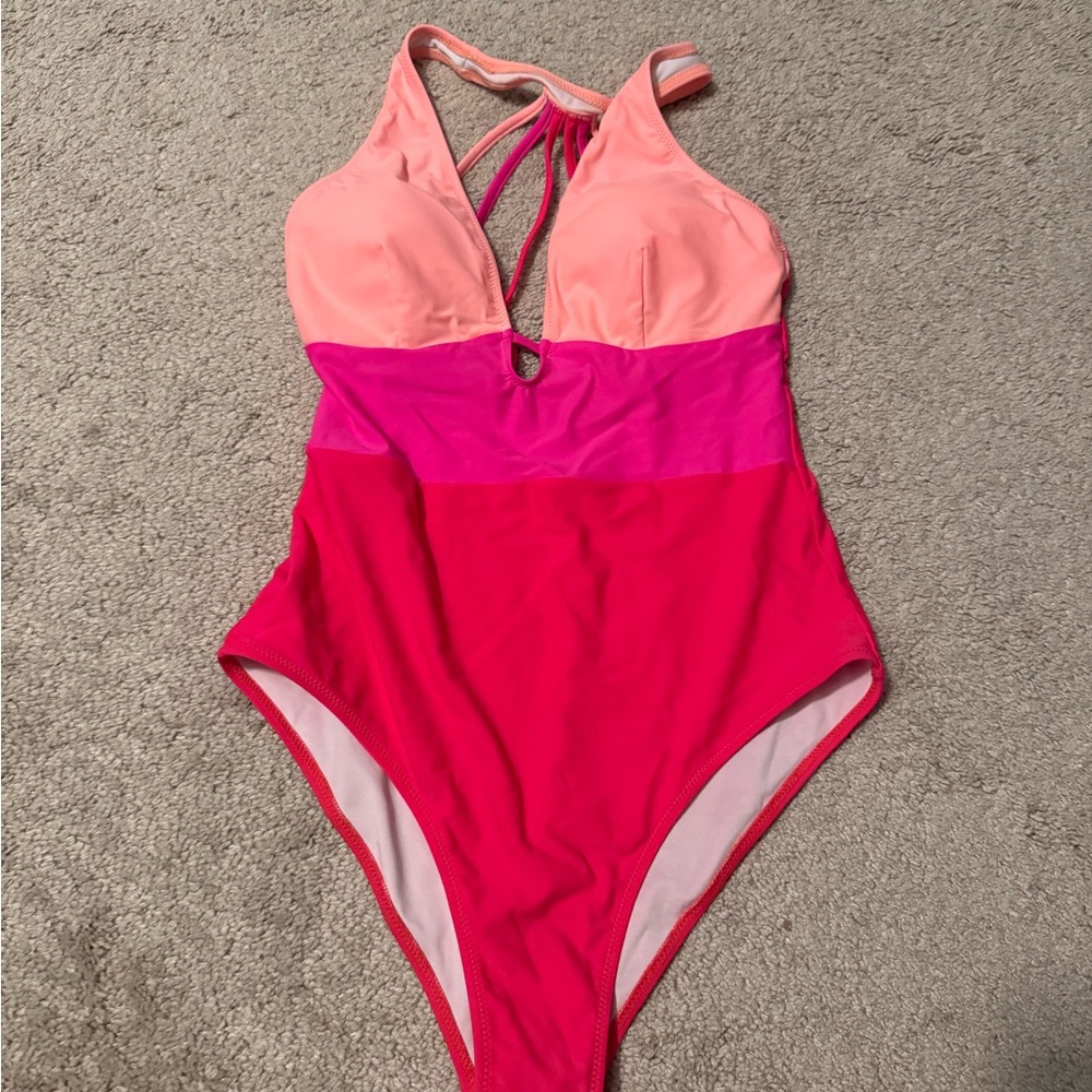 Stylish Pink and Red One Piece Swimsuit